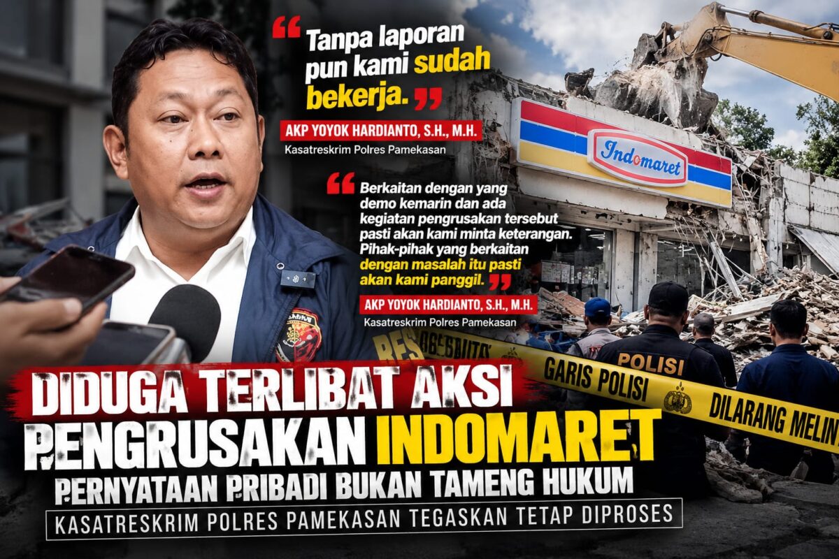Keterangan Gambar:
Kasatreskrim Polres Pamekasan AKP Yoyok Hardianto menegaskan, pihaknya tetap akan meminta keterangan pihak-pihak terkait aksi demonstrasi yang berujung pada dugaan perusakan bangunan Indomaret di Pamekasan.